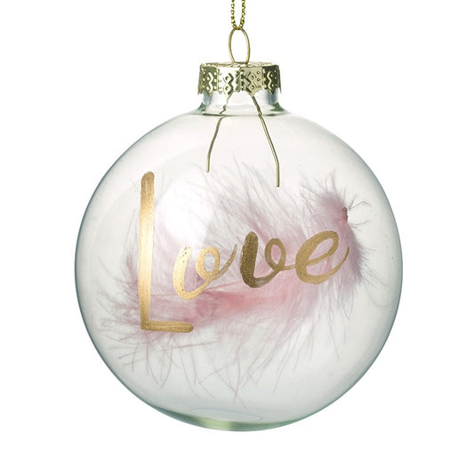 Pink Feather Love Glass Christmas Tree Bauble
