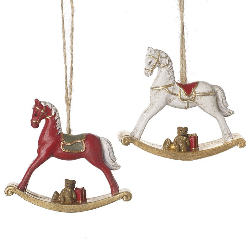 Red and White Rocking Horse Hanging Christmas Decorations (Set of 2)