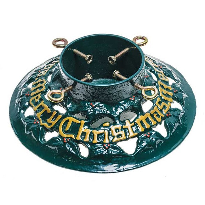 Decorative green and gold round design with Merry Christmas around the base cast iron Christmas Tree stand is pretty and practical.
