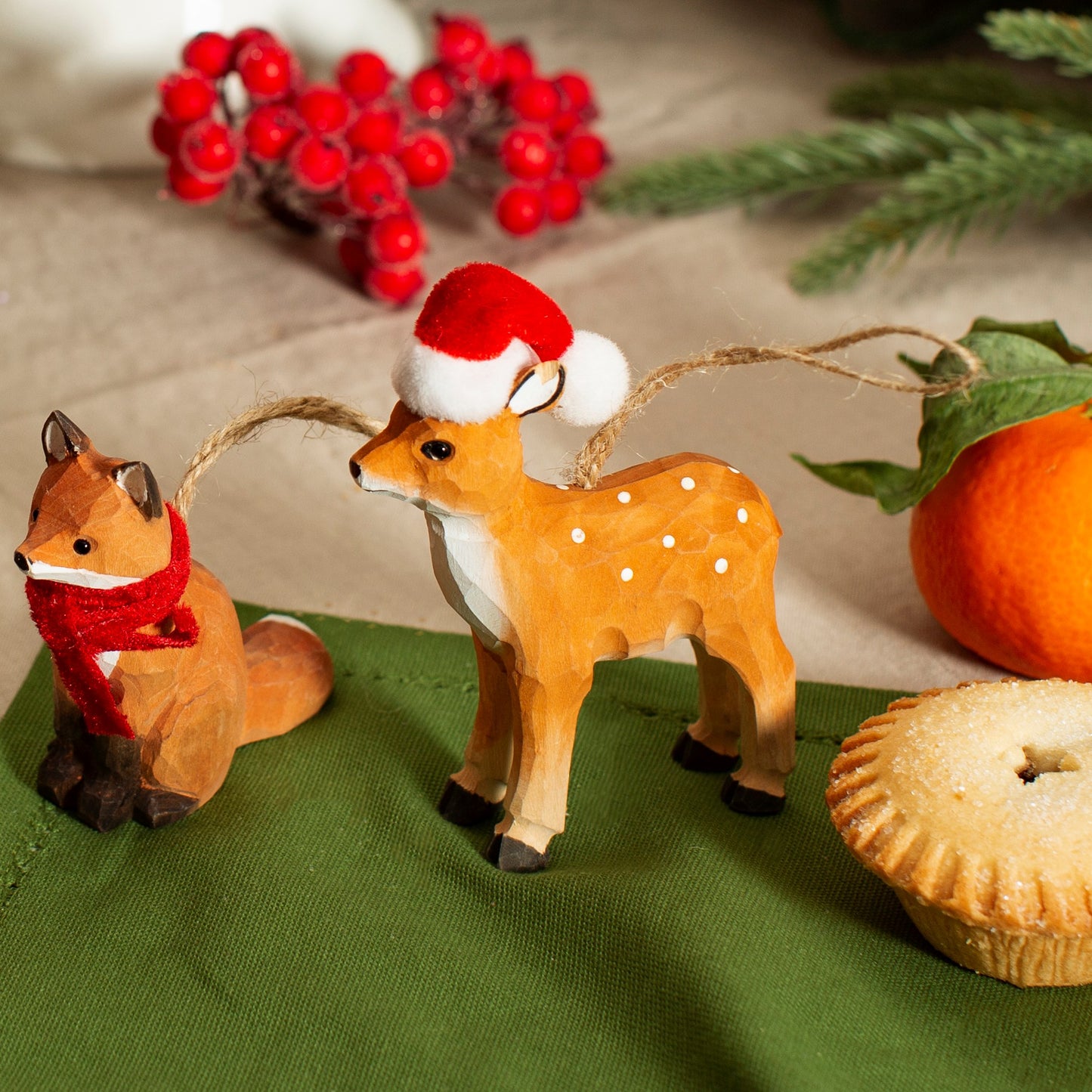 Wooden Deer wearing Santa Hat Christmas Tree Decoration