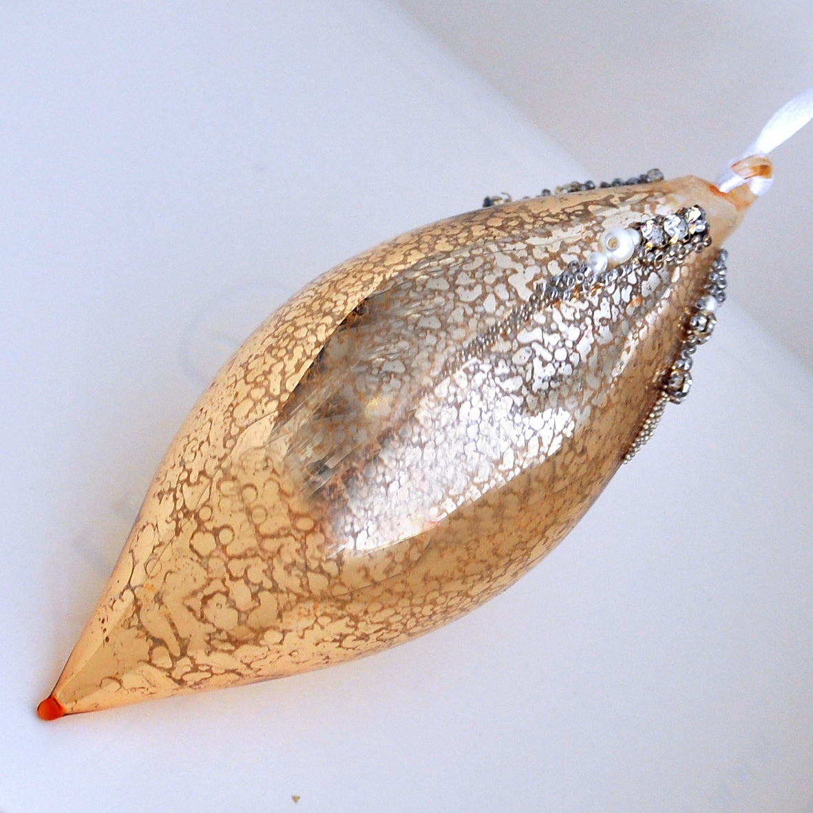 Antique gold glass handing Christmas decoration with beads, pearls and diamonte detailing.