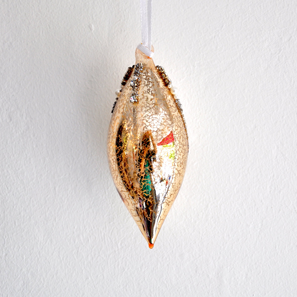 Antique gold glass handing Christmas decoration with beads, pearls and diamonte detailing.