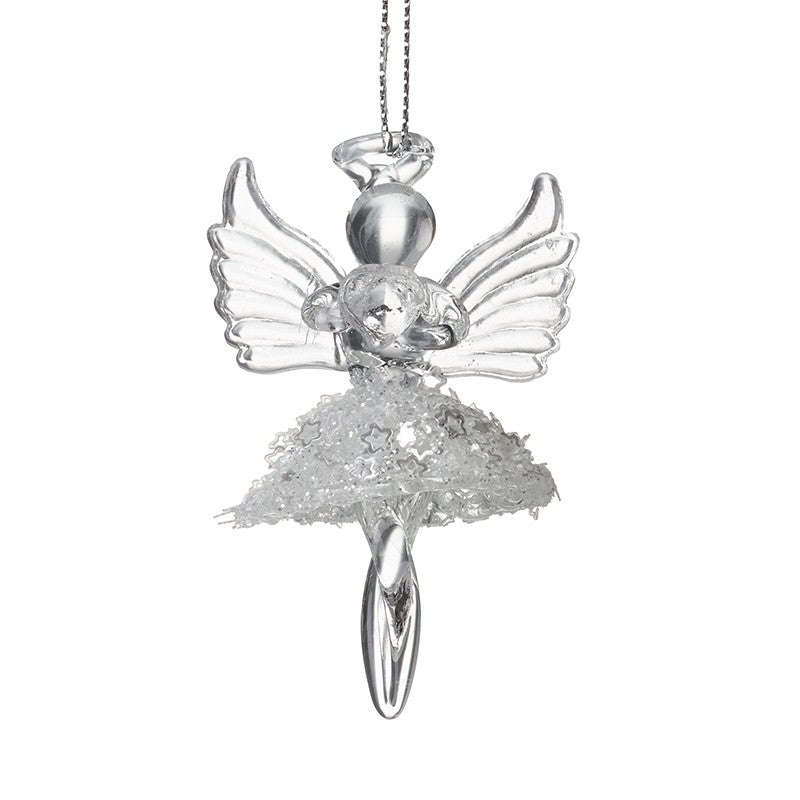 This is a beautiful clear glass angel with a glitzy skirt made out of beads and star shapes hanging Christmas tree decoration.