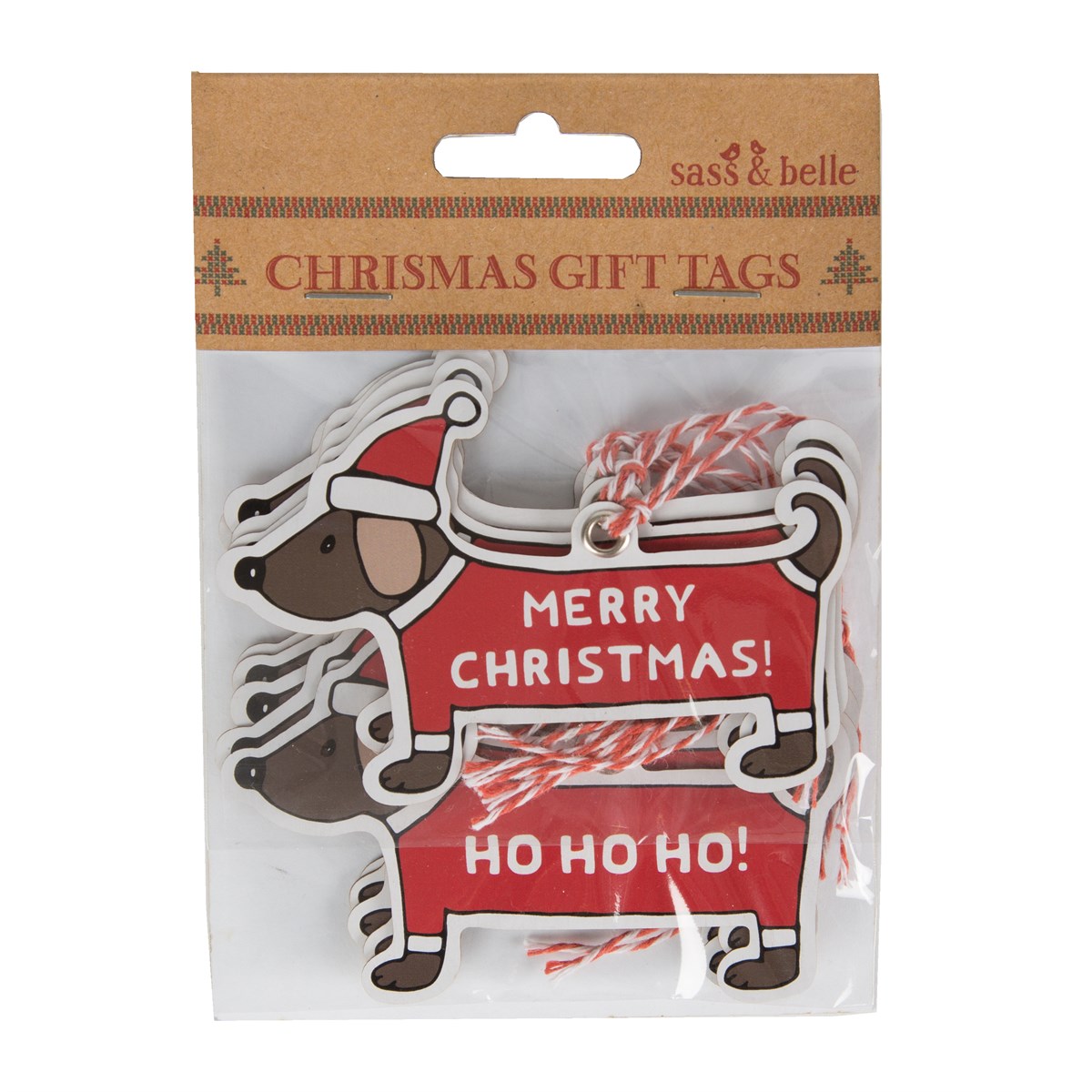 Pack of 12 gift tags featuring very cute daschunds wearing Christmas hats and coats with 'Ho Ho Ho' and 'Merry Christmas' written on them with red and white string.