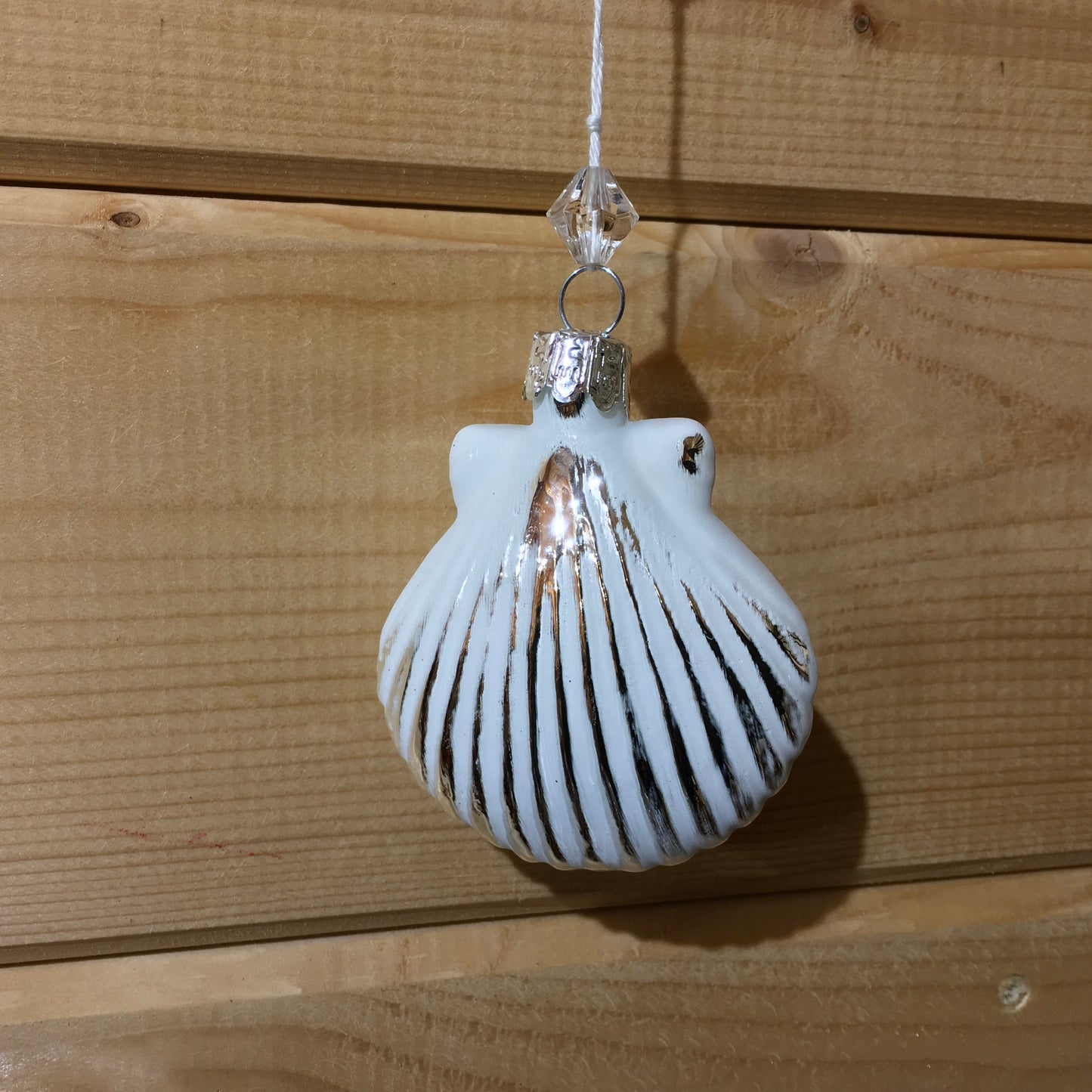 A white seashell hanging decoration to hang on your Christmas Tree or around the home for a winter wonderland feel. Choose between a 'spiral' or 'clam' shape shell.