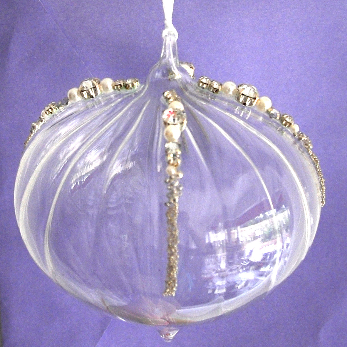 Clear glass hanging Christmas decoration with beads, pearls and diamonte detailing.