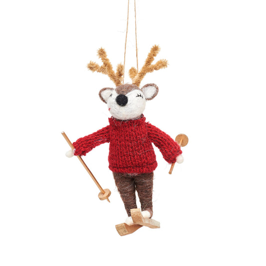 Have you every seen a reindeer skiing? You have now!! This is a super cute hanging Christmas tree decoration featuring a reindeer wearing a festive red knitted jumper on skis.