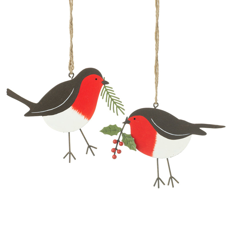 Metal Festive Robin Christmas Tree Decorations (Pair)