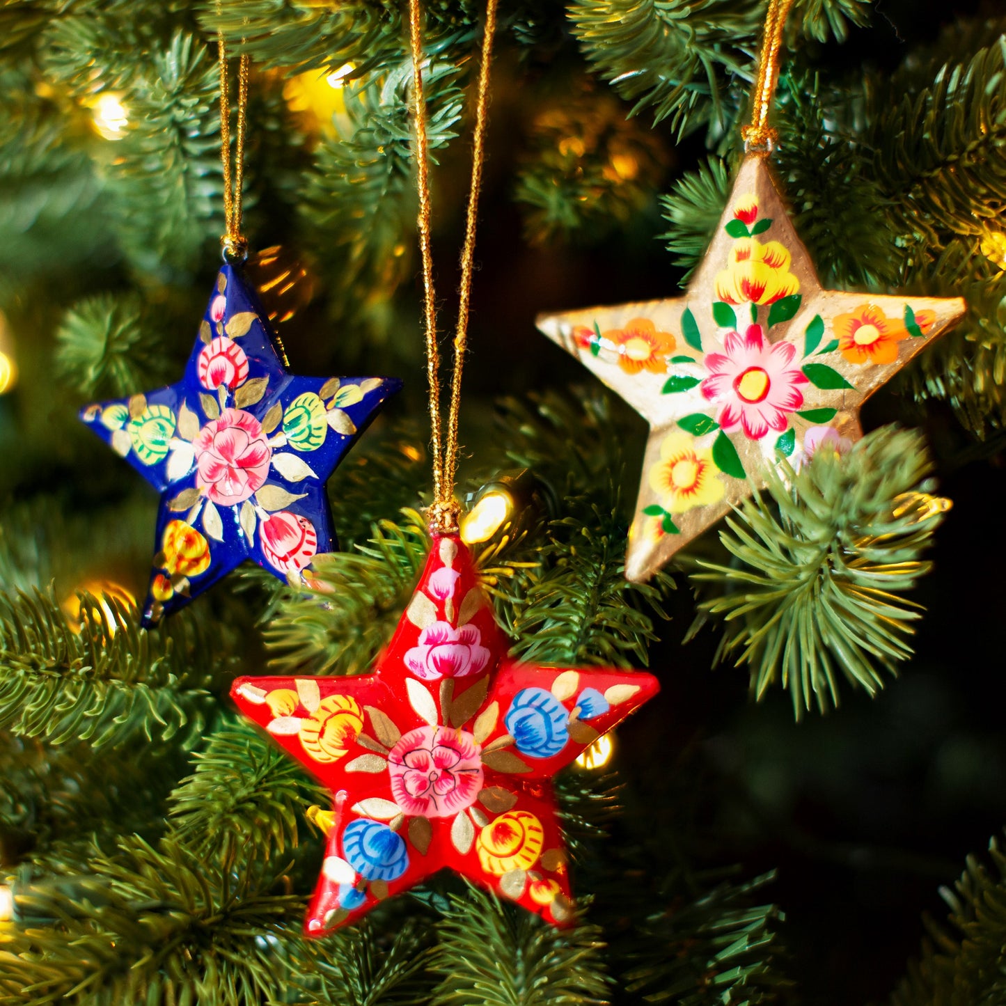 Star Shaped Kashmiri Floral Papier-mâché Christmas Tree Decorations