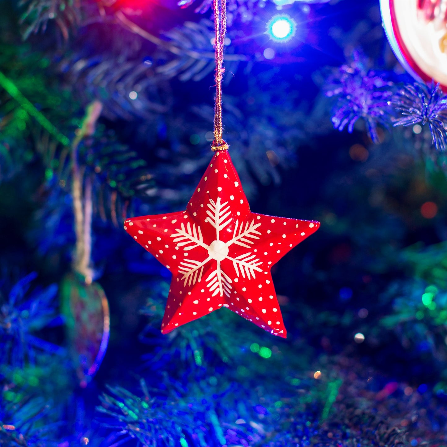 Red Snowflake Star Shaped Papier-mâché Christmas Tree Decoration
