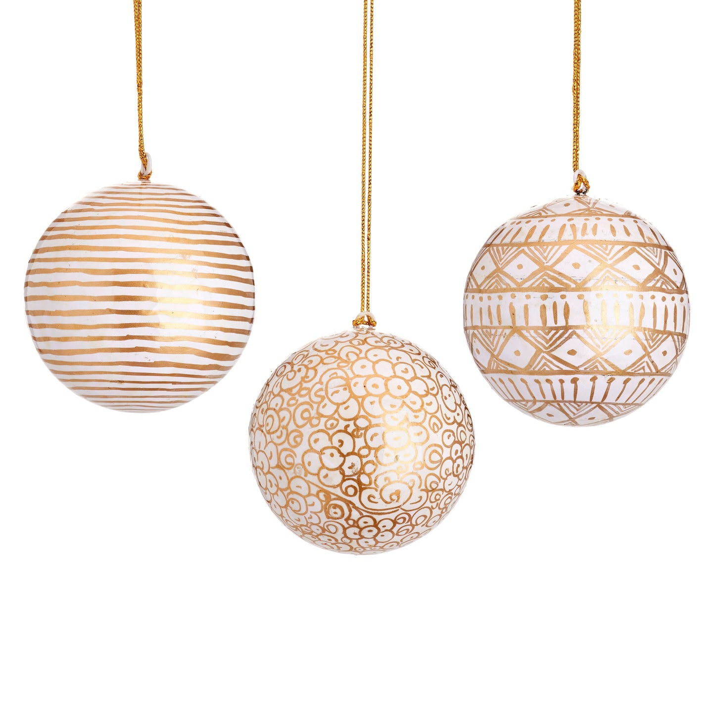 White & Gold Design Papier-mâché Christmas Tree Baubles
