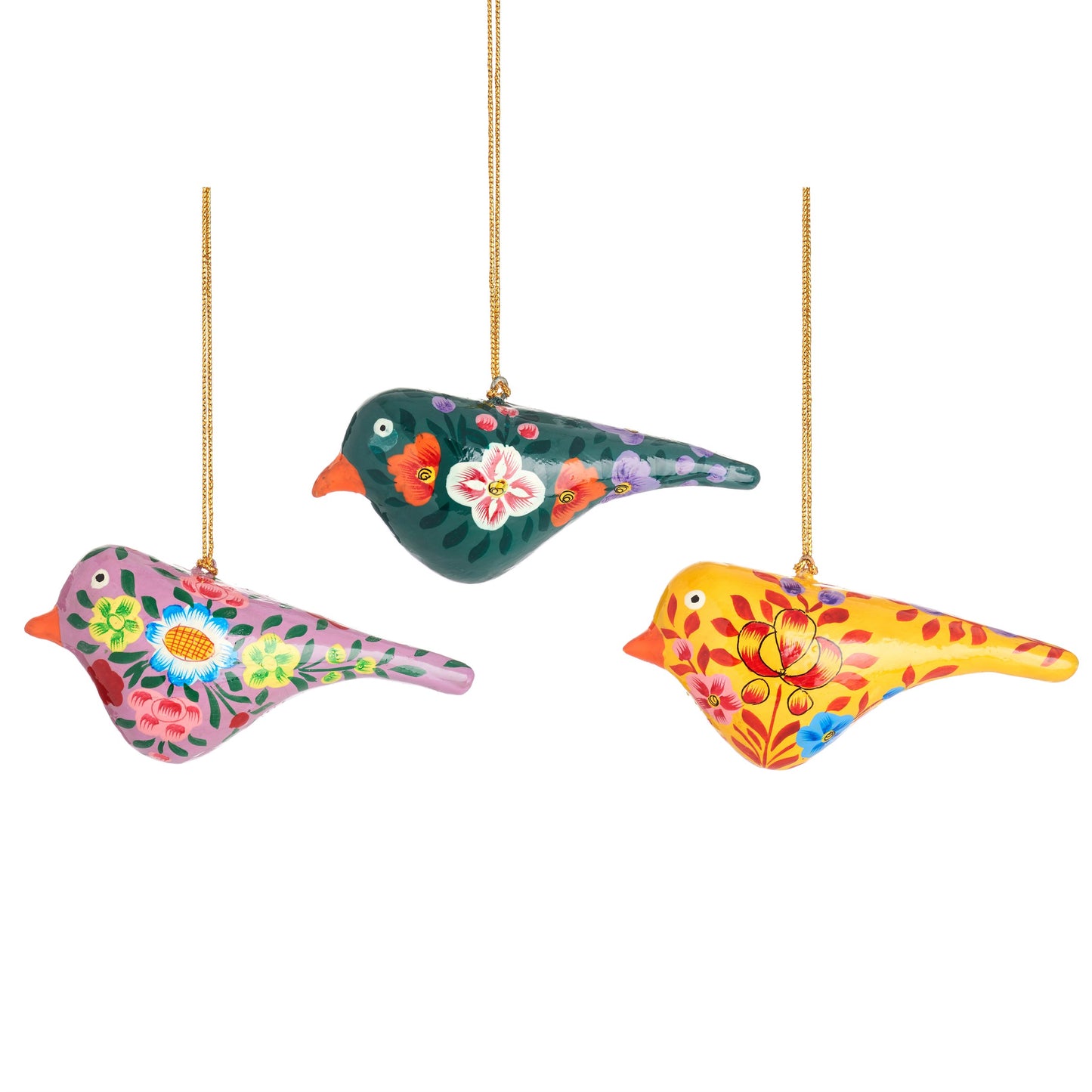 Kashmiri Floral Birds Papier-mâché Christmas Tree Decorations