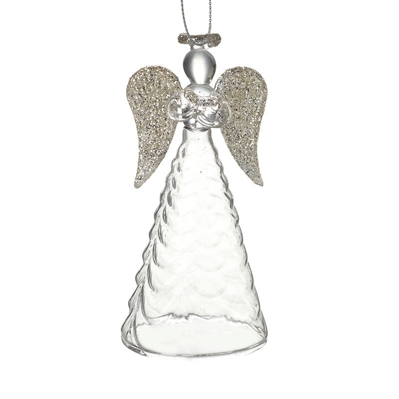 This stunning clear glass angel with silver glitter wings and halo will be the perfect finishing touch to your Christmas tree!