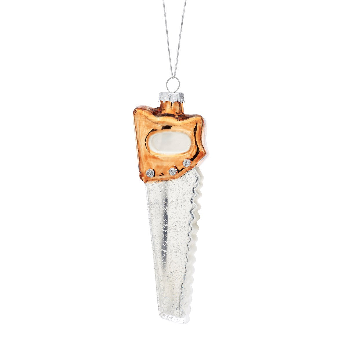 A gold and silver saw (yes, you read that right!) Christmas decoration to be hung on your tree or in your home.