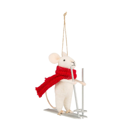 Skiing Felt Mouse Wearing Red Scarf Christmas Tree Decoration