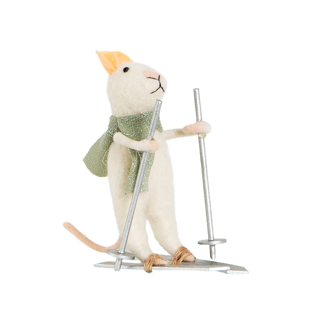Skiing Felt Mouse Wearing Green Scarf Christmas Tree Decoration