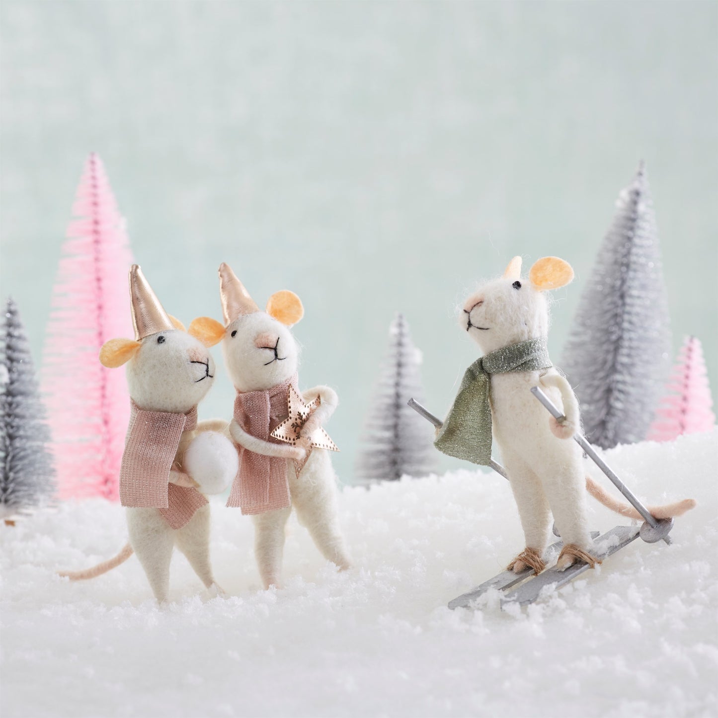 Skiing Felt Mouse Wearing Green Scarf Christmas Tree Decoration