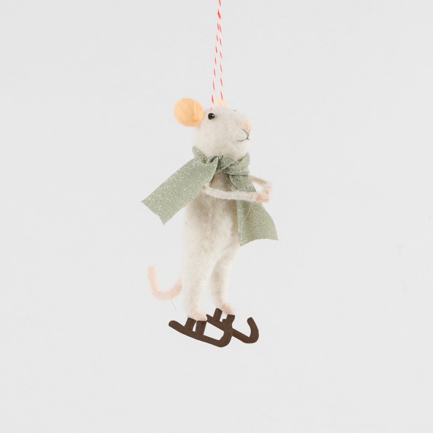 Ice Skating Felt Mouse Wearing Green Scarf Christmas Tree Decoration