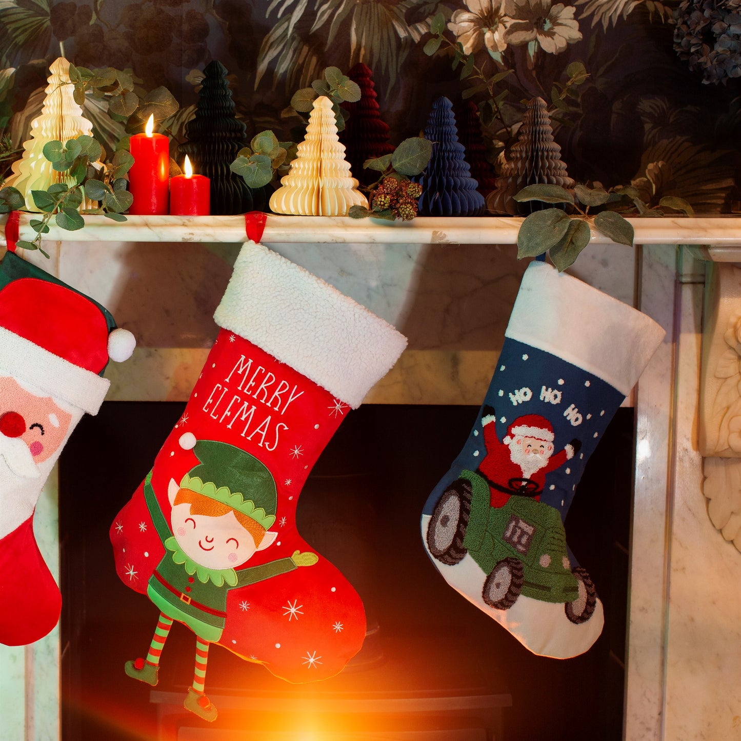 Santa Claus on Green Tractor Embroidered Christmas Stocking