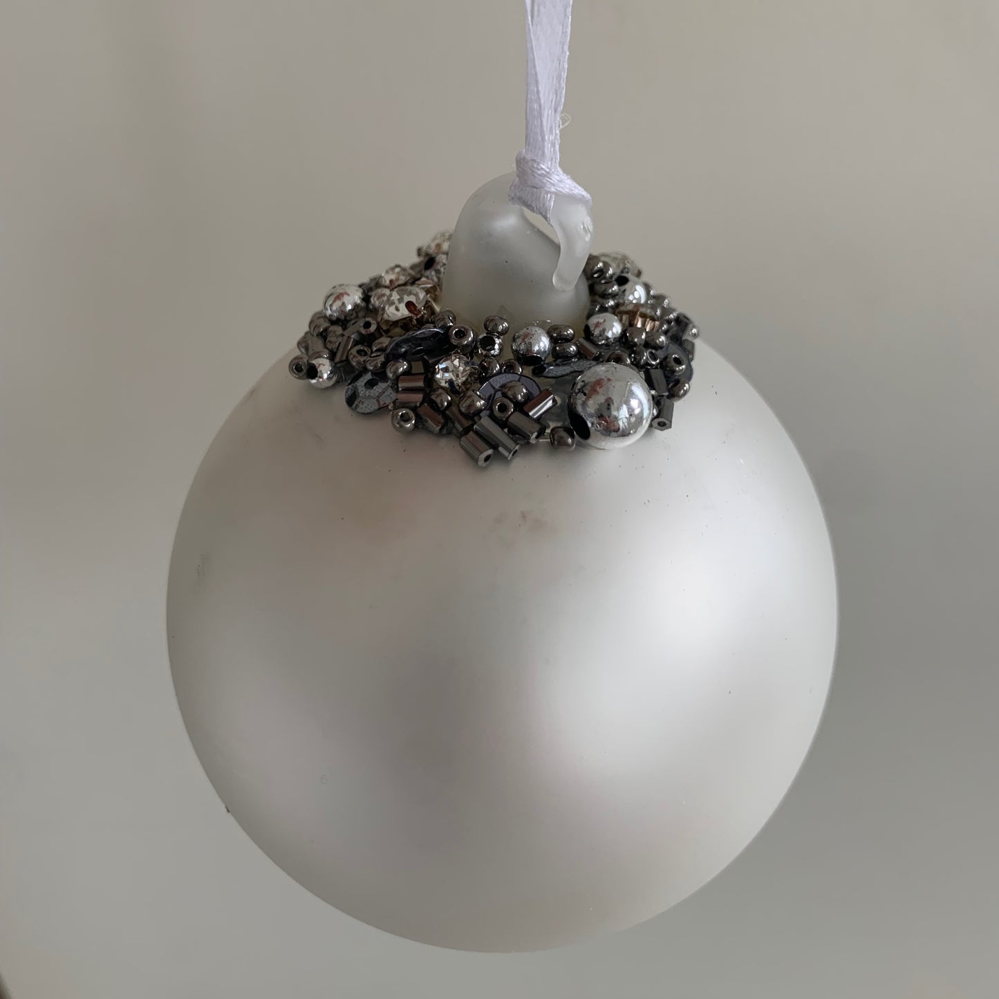 Matt Silver Bauble Glass Christmas Tree Decoration with Beading (6cm)