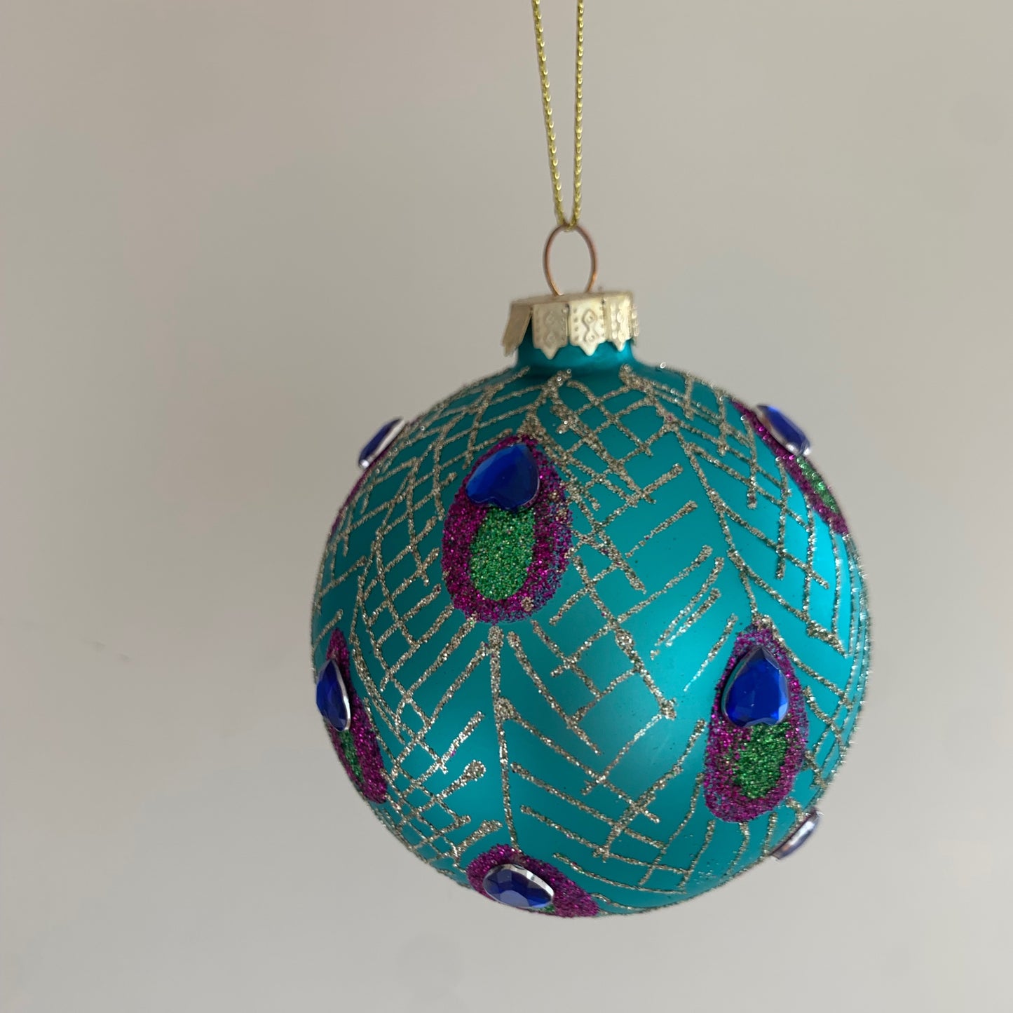 Turquoise & Purple Peacock Feather Glass Christmas Tree Bauble
