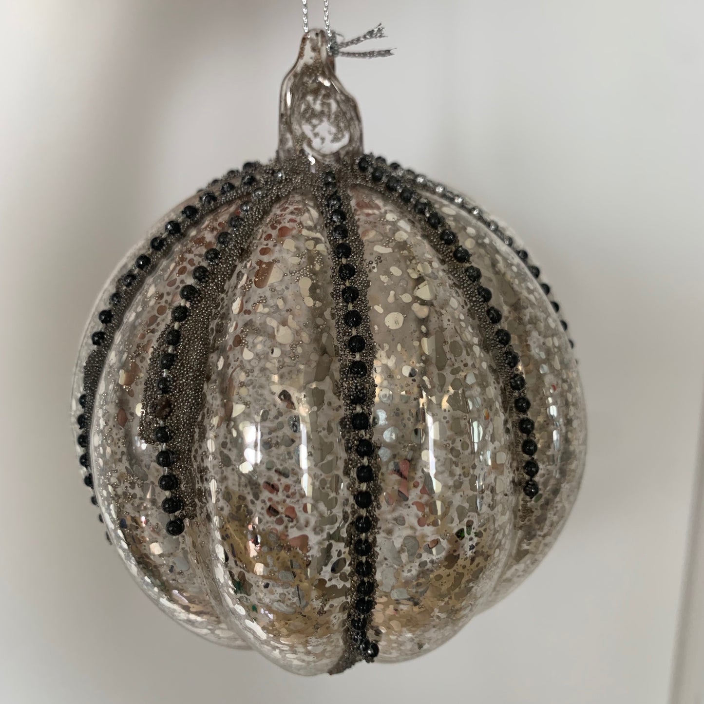 Antique Style Silver Glass Bauble with Beads Christmas Tree Decoration (10cm)
