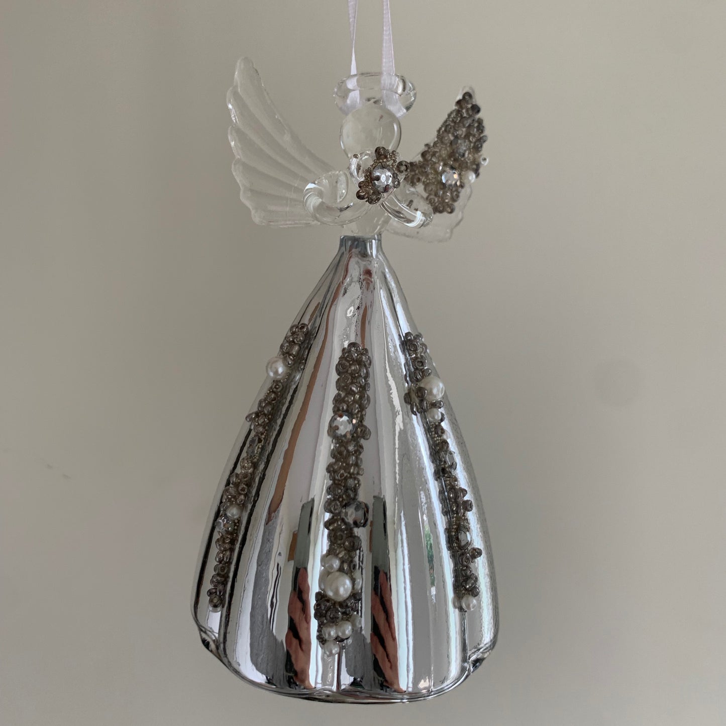 Clear Glass Angel with Silver Beading Tree Topper Hanging Christmas Decoration (12cm)
