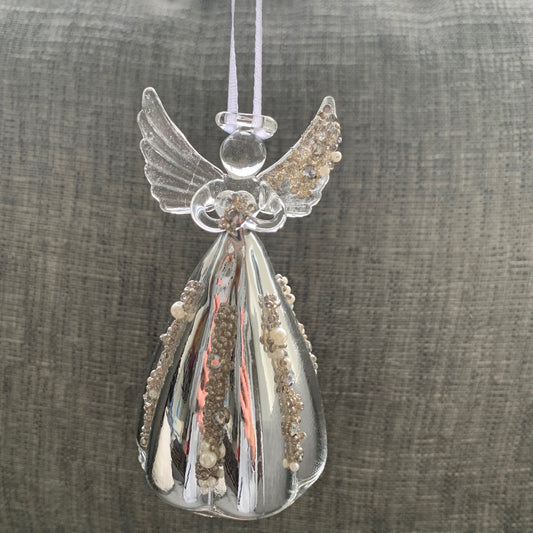 Clear Glass Angel with Silver Beading Tree Topper Hanging Christmas Decoration (12cm)