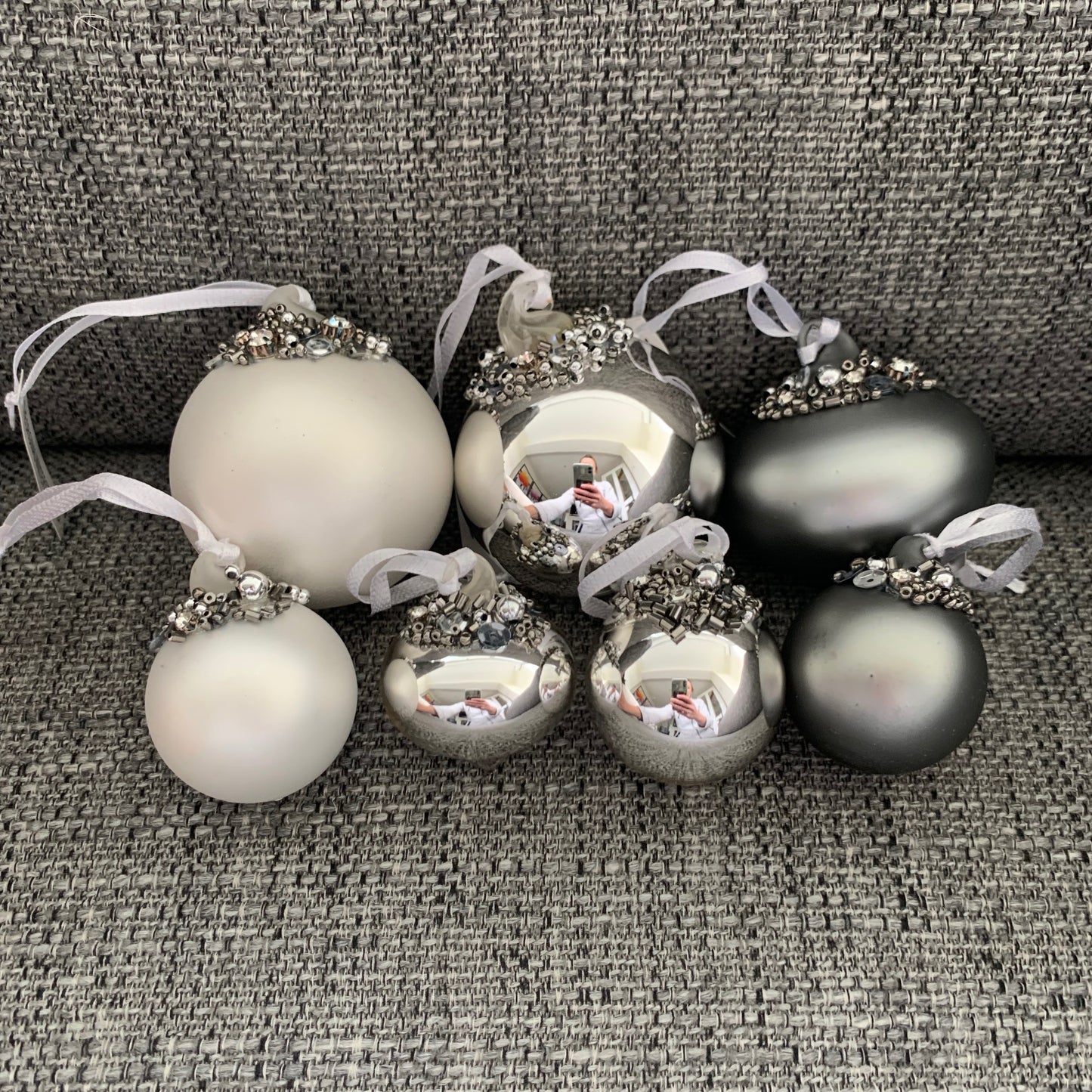 Matt Silver Bauble Glass Christmas Tree Decoration with Beading (6cm)