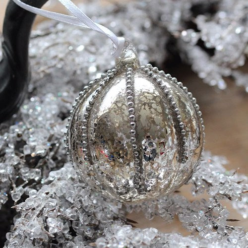 Antique Style Silver Glass Bauble with Beads Christmas Tree Decoration (10cm)