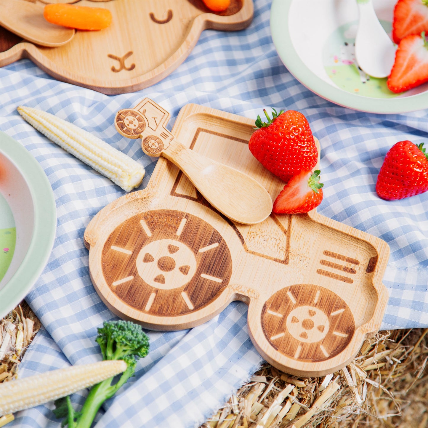 Fun and planet friendly bamboo plate in a tractor design.