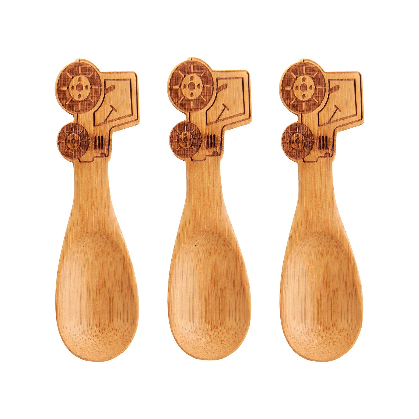 Fun and planet friendly bamboo cutlery set features 3 spoons with a tractor design.