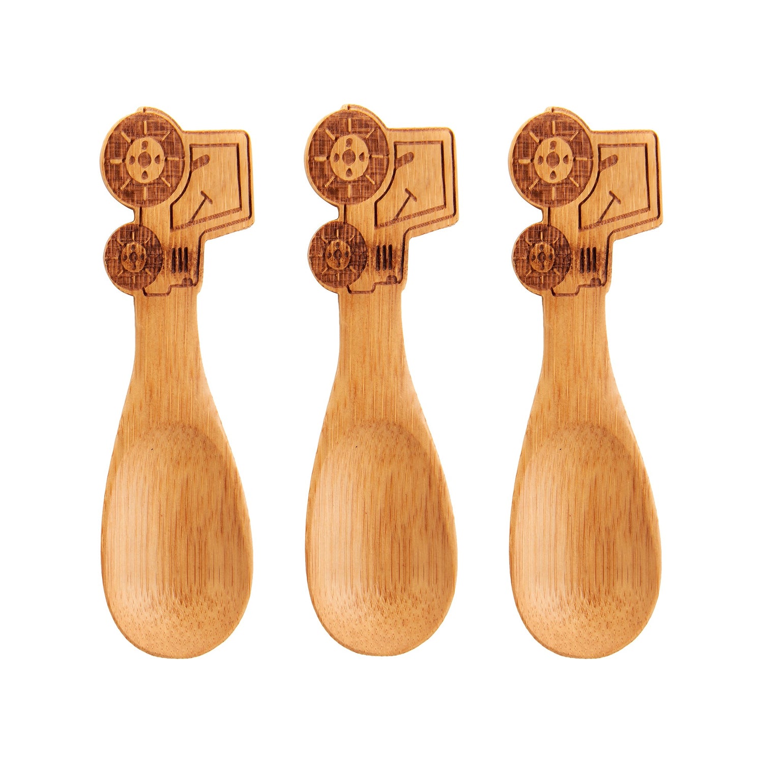 Fun and planet friendly bamboo cutlery set features 3 spoons with a tractor design.