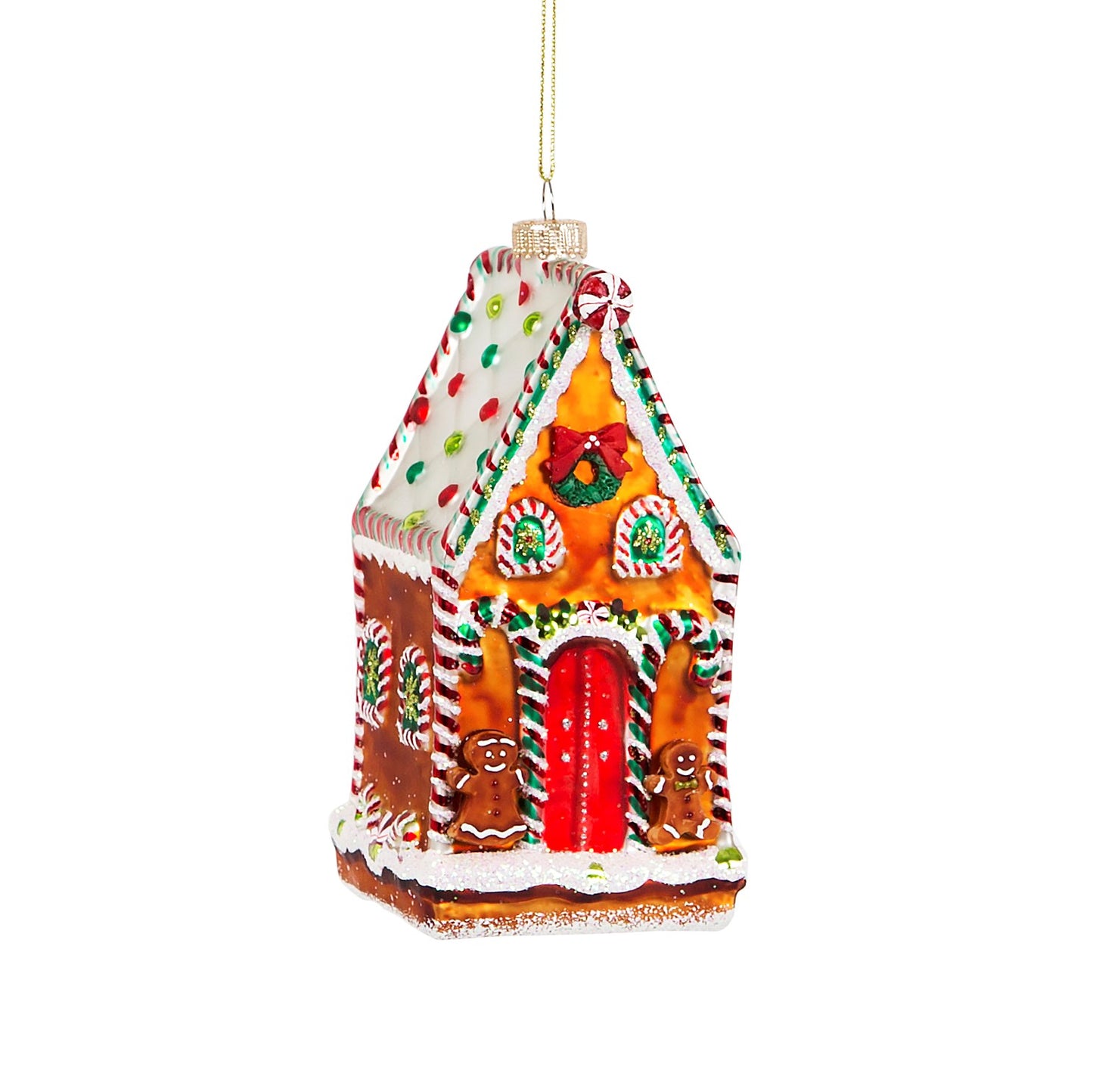 Traditional Gingerbread house designed Christmas bauble almost looks edible - shaped like a Gingerbread house and decorated with candy canes and festive touches of white, red and green. It even features some mini Gingerbread men!!