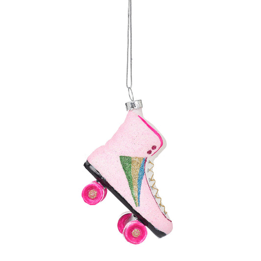 Get your skates on!! Seriously cool, pink 80s style retro roller skate with glitter detail, glass hanging Christmas decoration.
