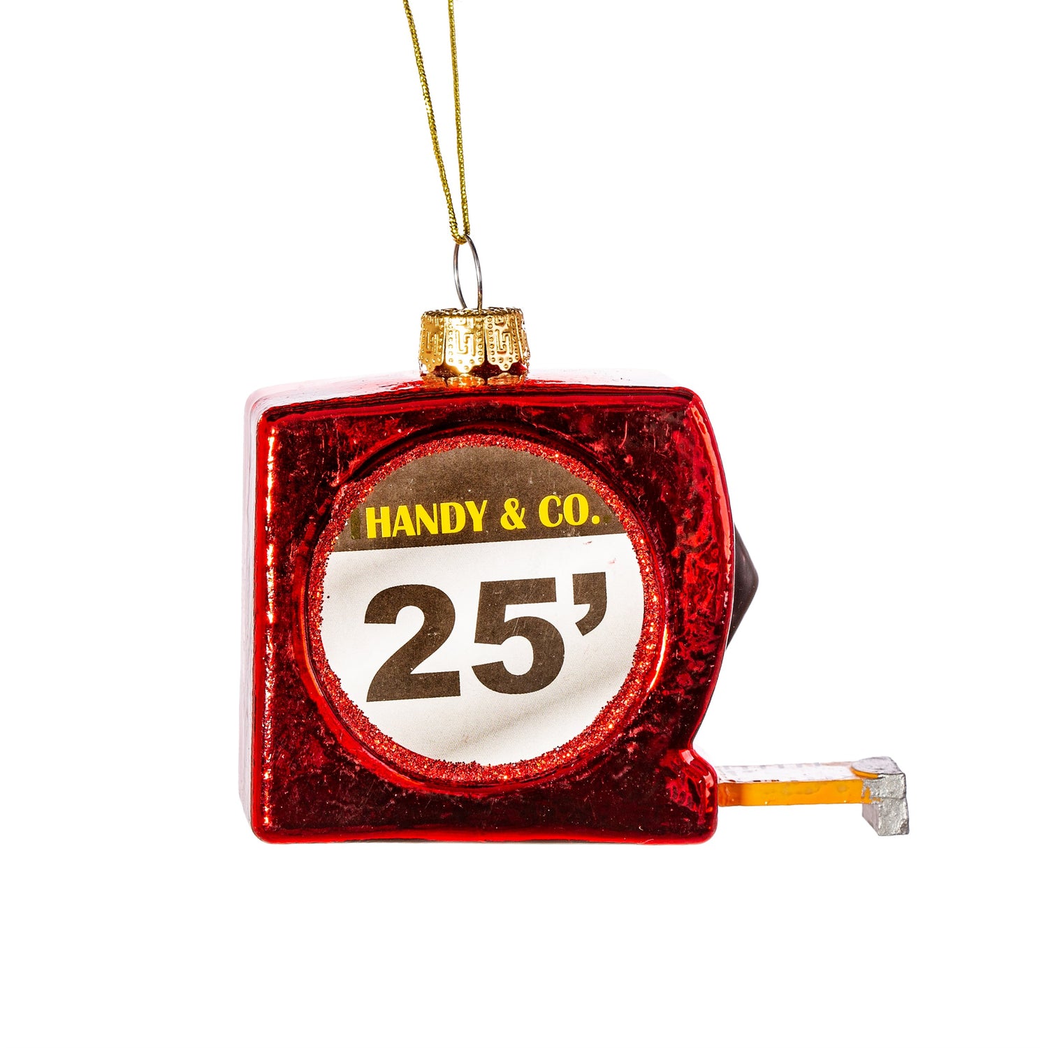 A red glittery tape measure (yes, you read that right!) Christmas decoration to be hung on your tree or in your home. Fun, festive and very unique gift for any DIY enthusiasts!