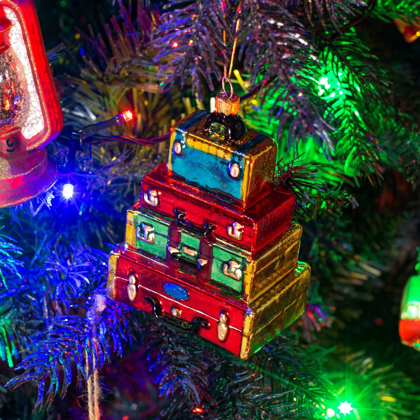 Retro Luggage Stack Glass Christmas Tree Decoration