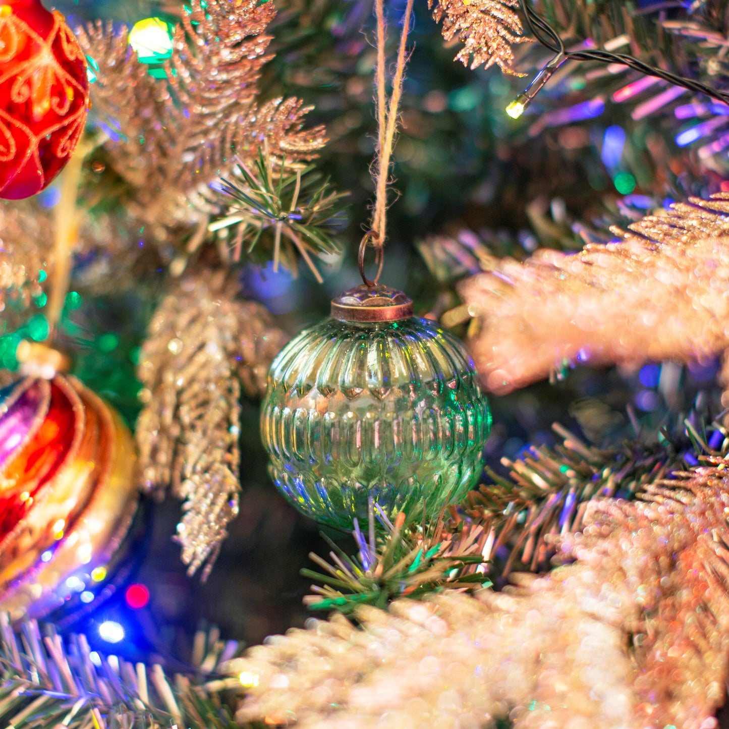 Grooved Recycled Glass Christmas Tree Baubles (Blue, Green and Clear)
