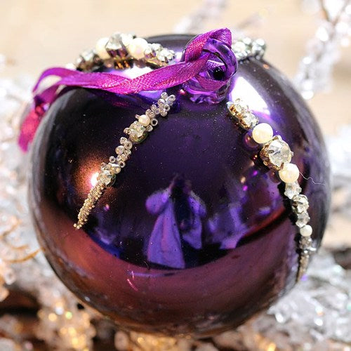 Shiny Purple Glass Bauble Christmas Tree Decoration with Beads (8cm)
