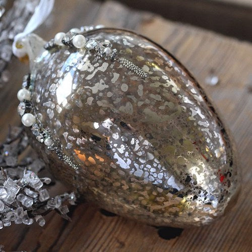 Antique Style Silver Shiny Glass Christmas Tree Decoration with Beads (10cm Egg)