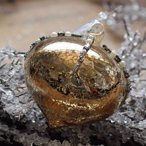 Antique Style Gold Shiny Glass Christmas Tree Decoration with Beads (8cm Sultan)