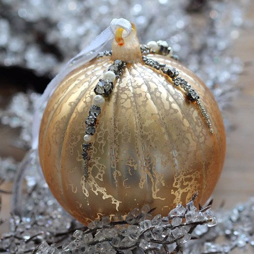 Antique Style Gold Matt Ridged Glass Bauble Christmas Tree Decoration with Beads (8cm)