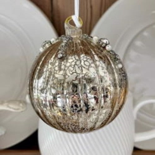 Antique Style Gold Shiny Ridged Glass Bauble Christmas Tree Decoration with Beads (6cm or 8cm)