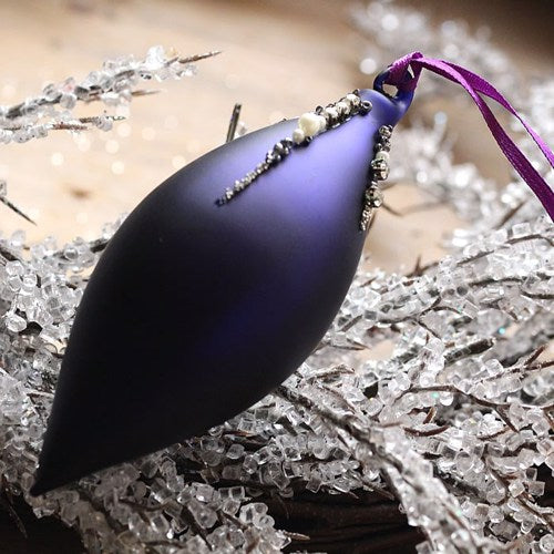 Matt Purple Glass Pointed Drop Christmas Tree Decoration with Beads (12cm)