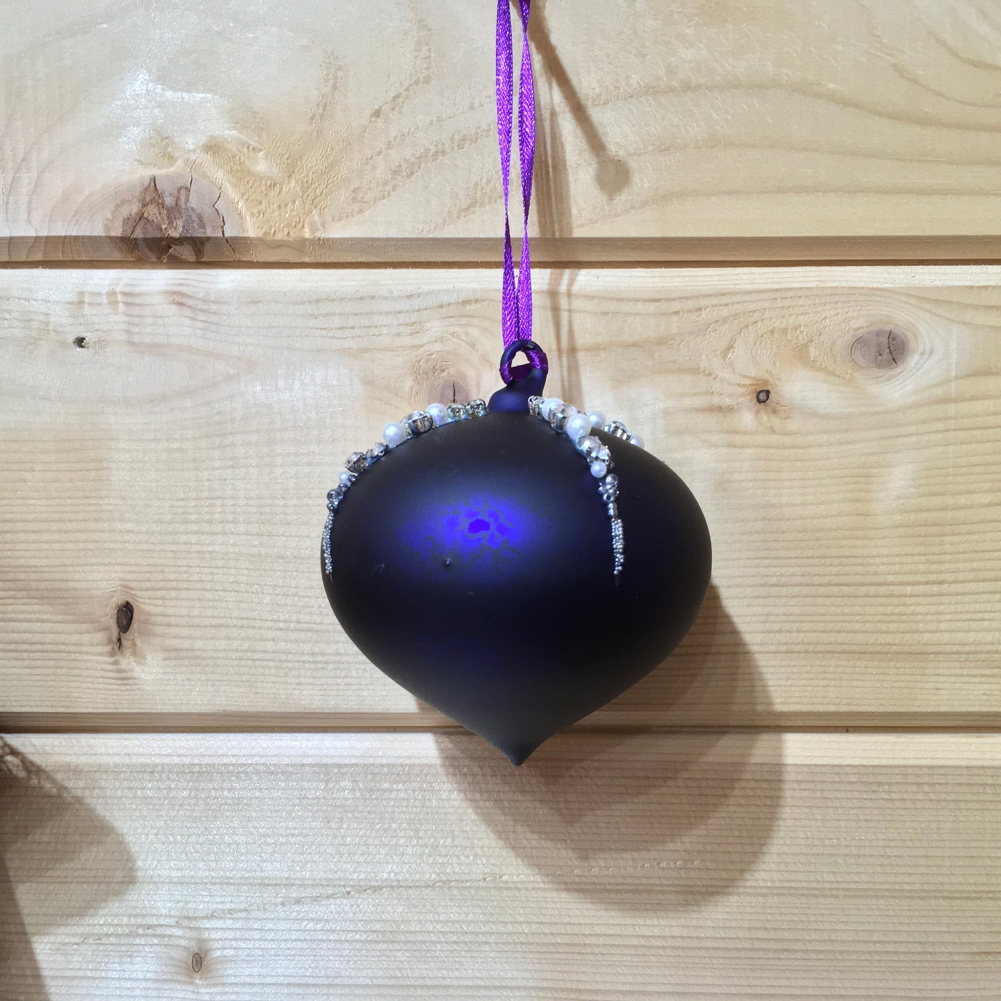 Matt purple sultan shaped Christmas tree decoration with bead and pearl detail