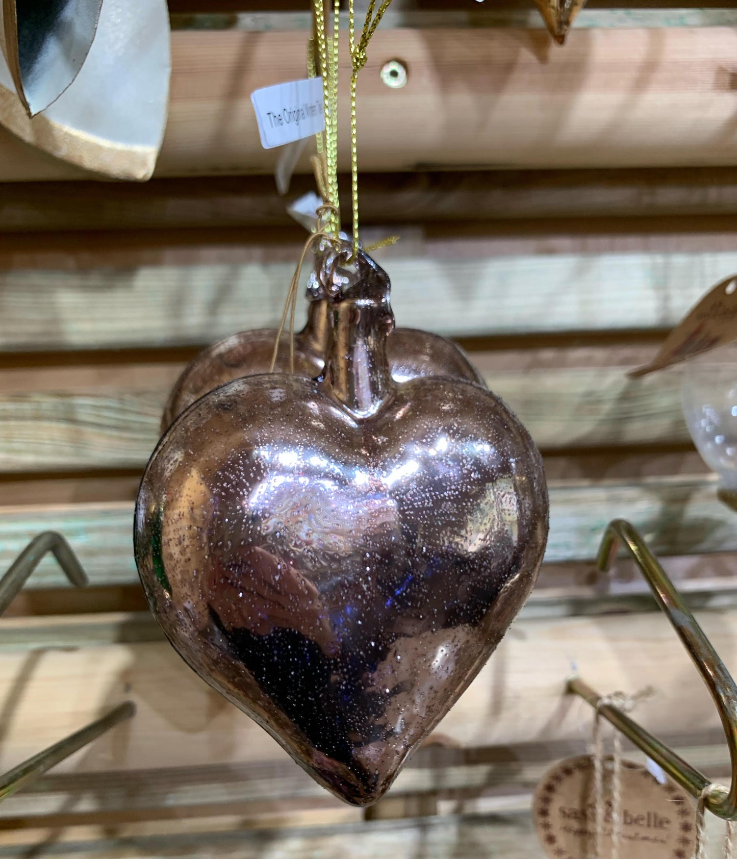 Antique Style Heart Bronze Rose Gold Coloured Glass Christmas Dec