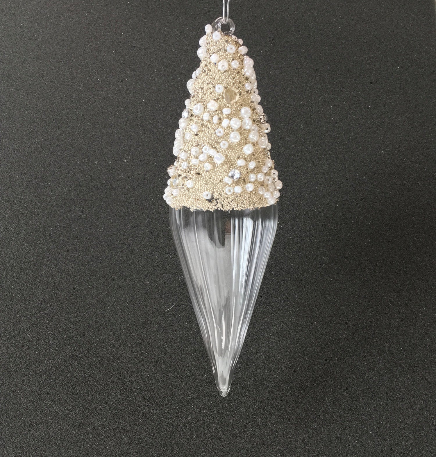 White and Gold Beaded Handmade Glass Finial Hanging Decorations for weddings, Christmas and Valentine's day