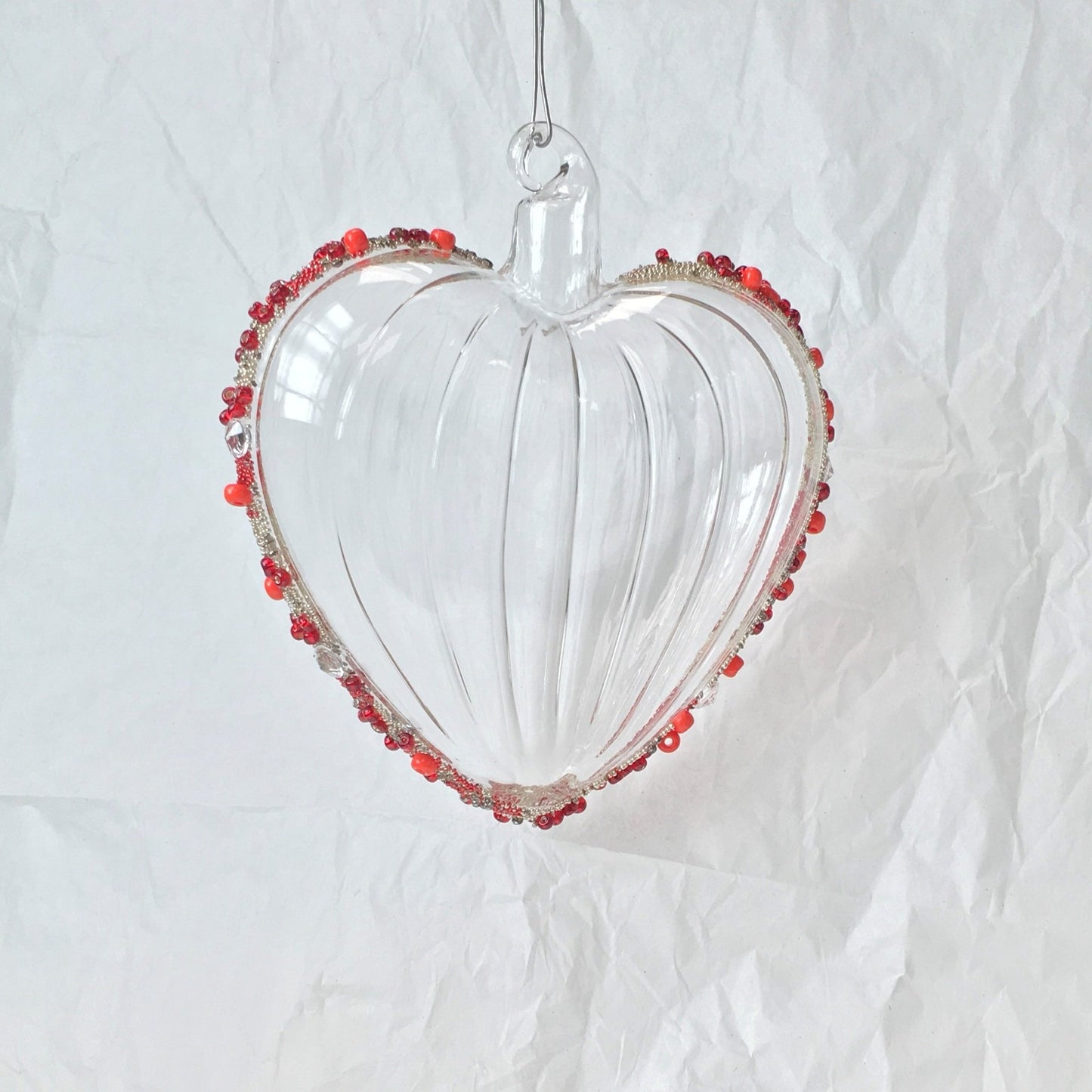 Hand-blown glass heart decorations with red beads for Christmas, Valentines Day and love themed decorating