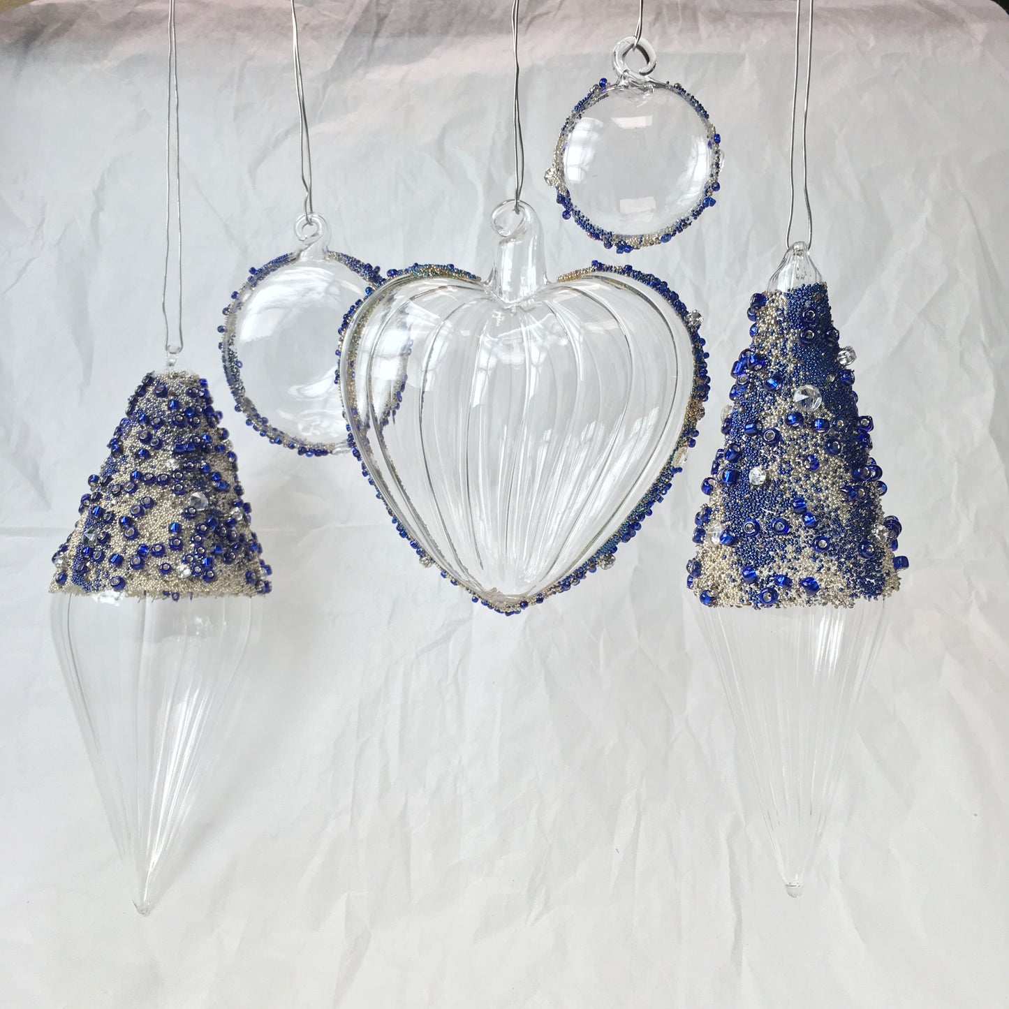 Hand-blown glass heart decorations with blue beads for Christmas, Valentines Day and love themed decorating