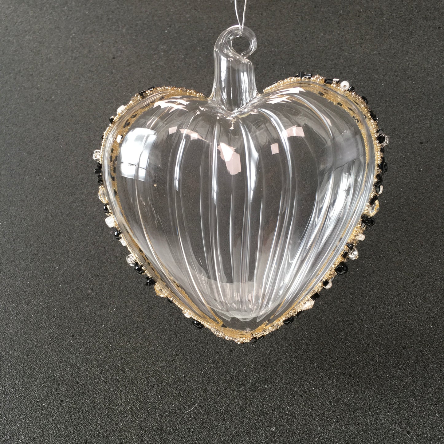 Hand-blown glass heart decorations with black beads for Christmas, Valentines Day and love themed decorating